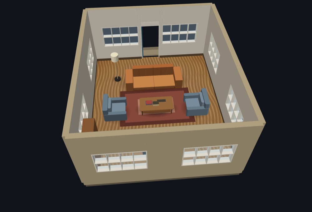 mojulo's own dollhouse view of the lounge: oak floor, rug, couch, two armchairs, coffee table, floor lamp, windows in three walls