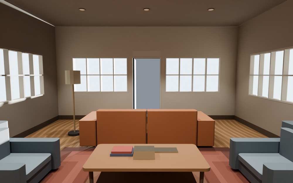 Cycles render of the lounge at night, lit only by the nine ceiling spots