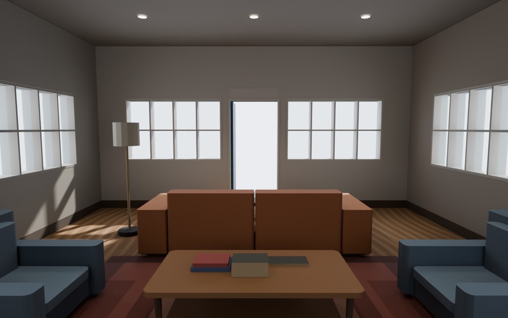 Cycles render from the television wall: the couch's back faces the camera