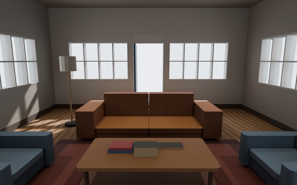 Cycles render from the television wall: the couch's front faces the camera