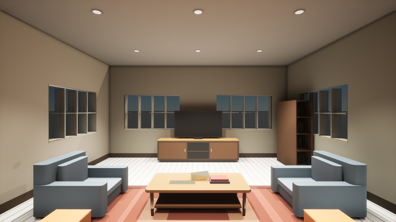 Unreal 5.8 frame from inside the lounge under Lumen: oak floor, media console and television, the nine ceiling cans lit, windows to a blue sky