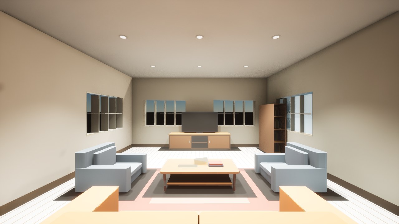 Unreal frame of the lounge with grey slabs under the furniture and a white plank floor