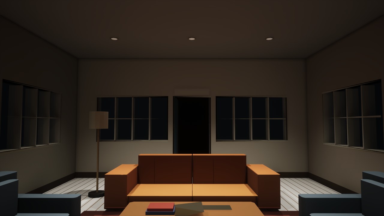 Unreal 5.8 frame of the lounge at night, the room dim and warm under the nine pot lights